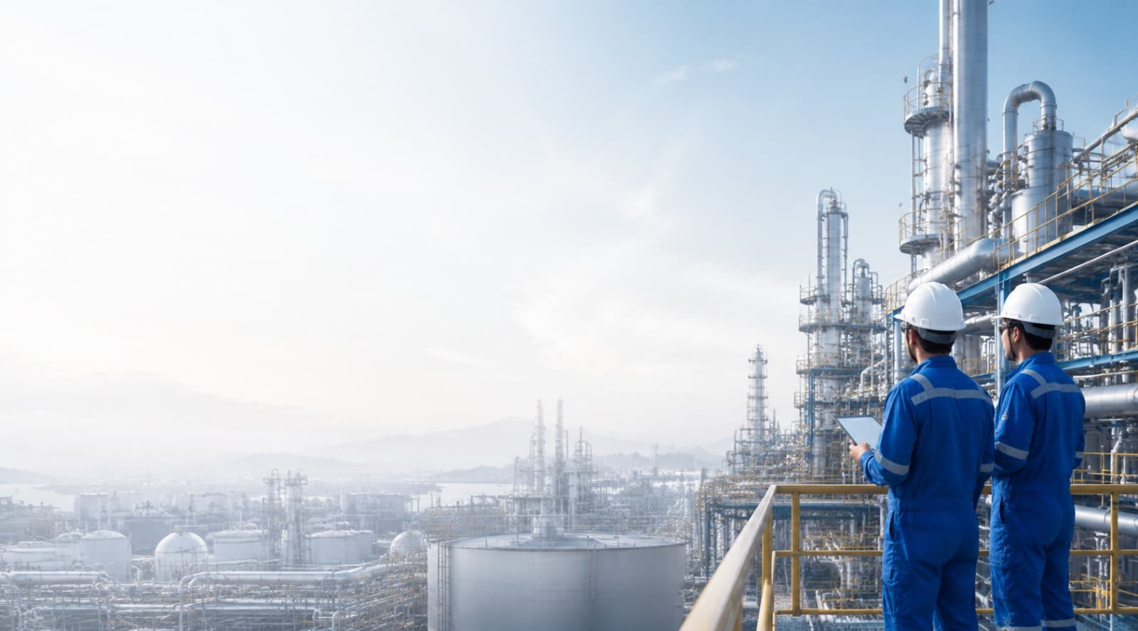 Engineers reviewing operations at a refinery